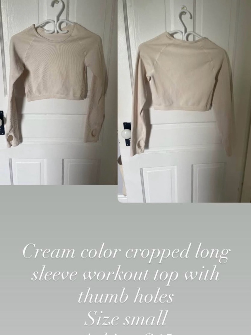 Cream Cropped Long-Sleeve Workout Top with Thumb Holes